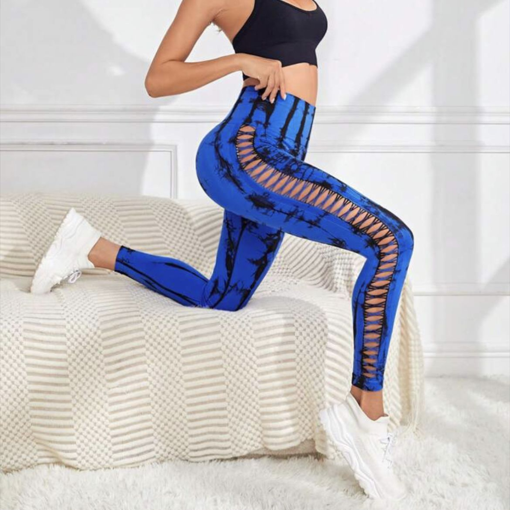 Legging de sport femme à découpes latérales bleu